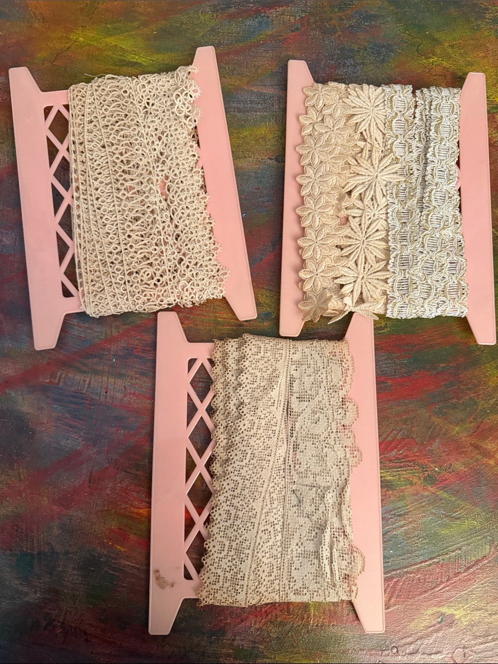 Ivory Lace Trim Bundle Vintage Antique wrapped on 3 pink spool set - Picture 8 of 8